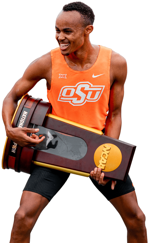Track athlete holding trophy like guitar